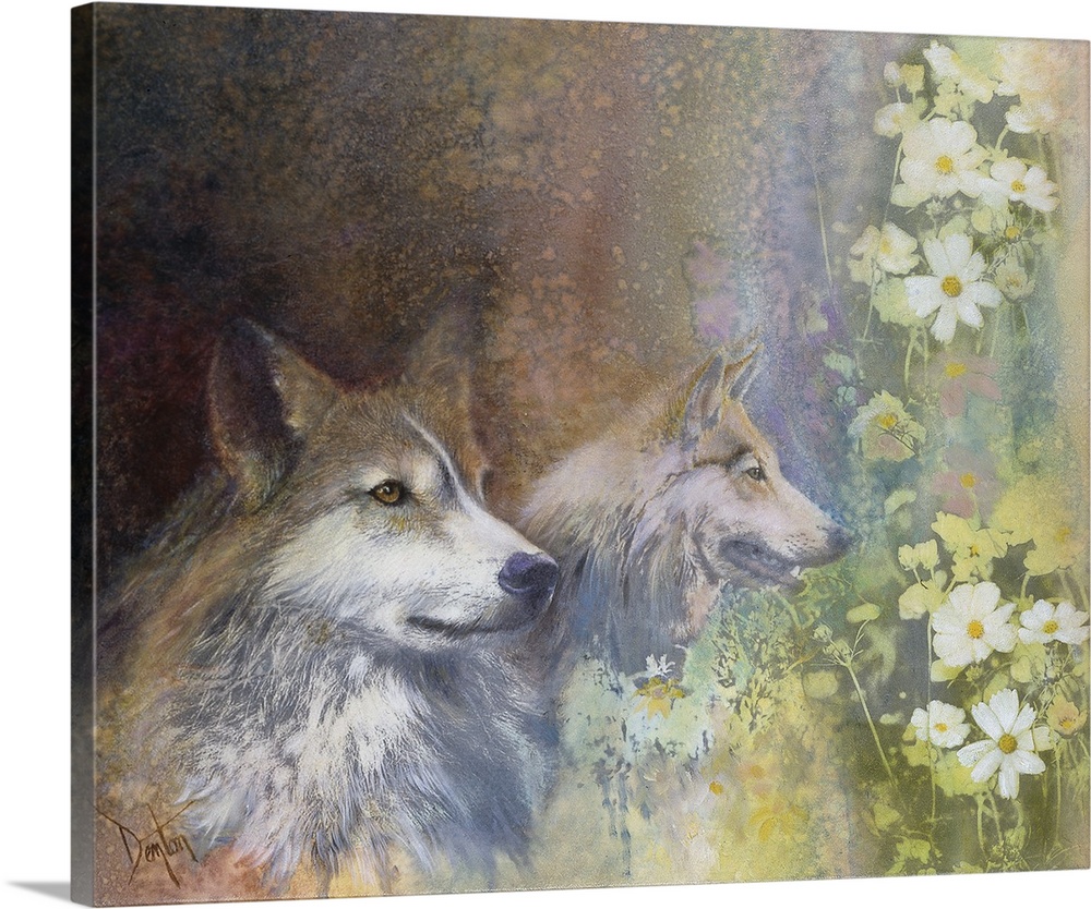 Contemporary painting of wolves and nature elements.