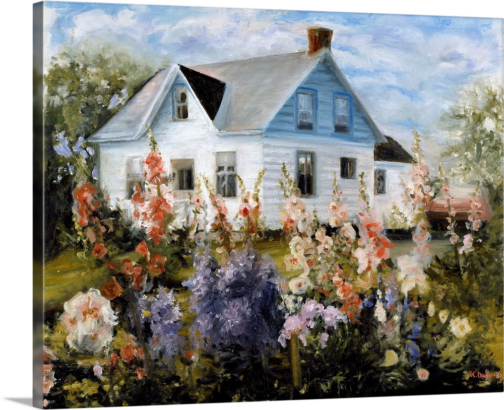 Contemporary artwork of hollyhocks in front of a rustic country building.