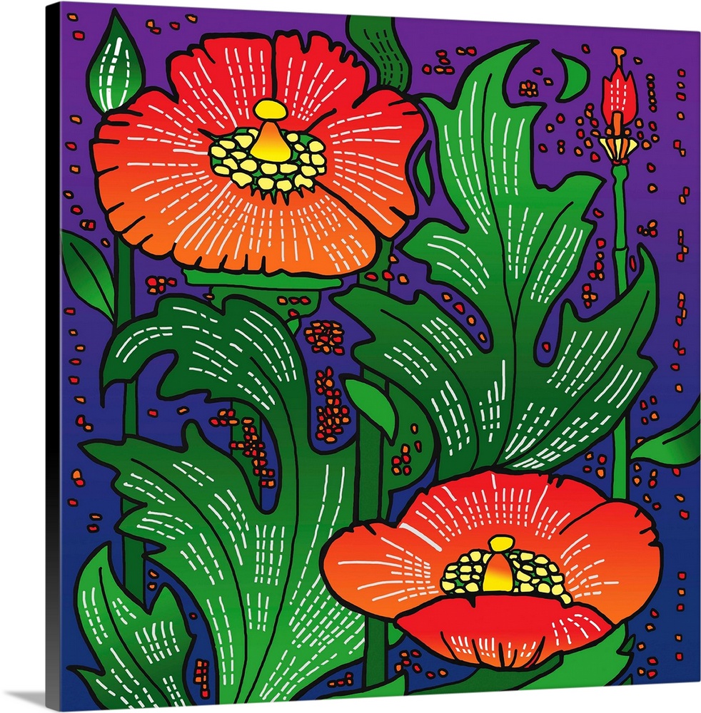 Contemporary artwork of two red flower surrounded by green leaves.