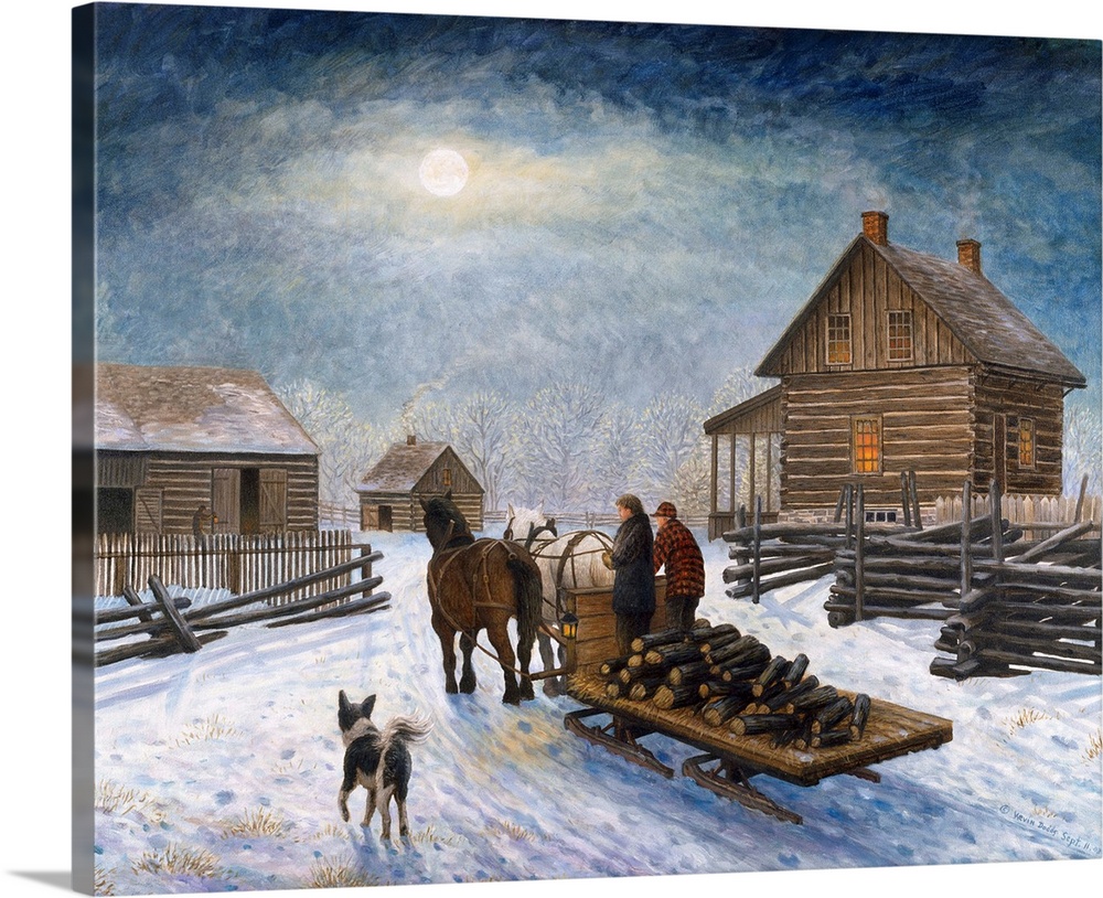 Contemporary artwork of horses pulling a sled full of logs back to the farm.