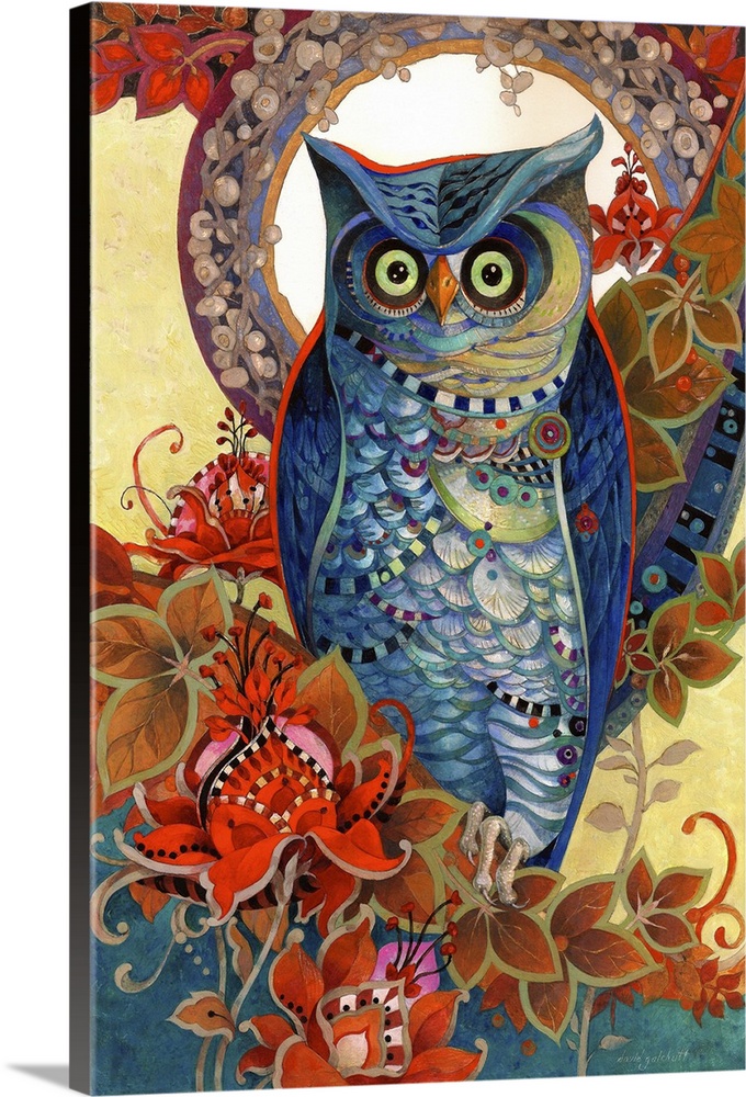 Contemporary artwork of an owl gazing intently, surrounded by flowers.