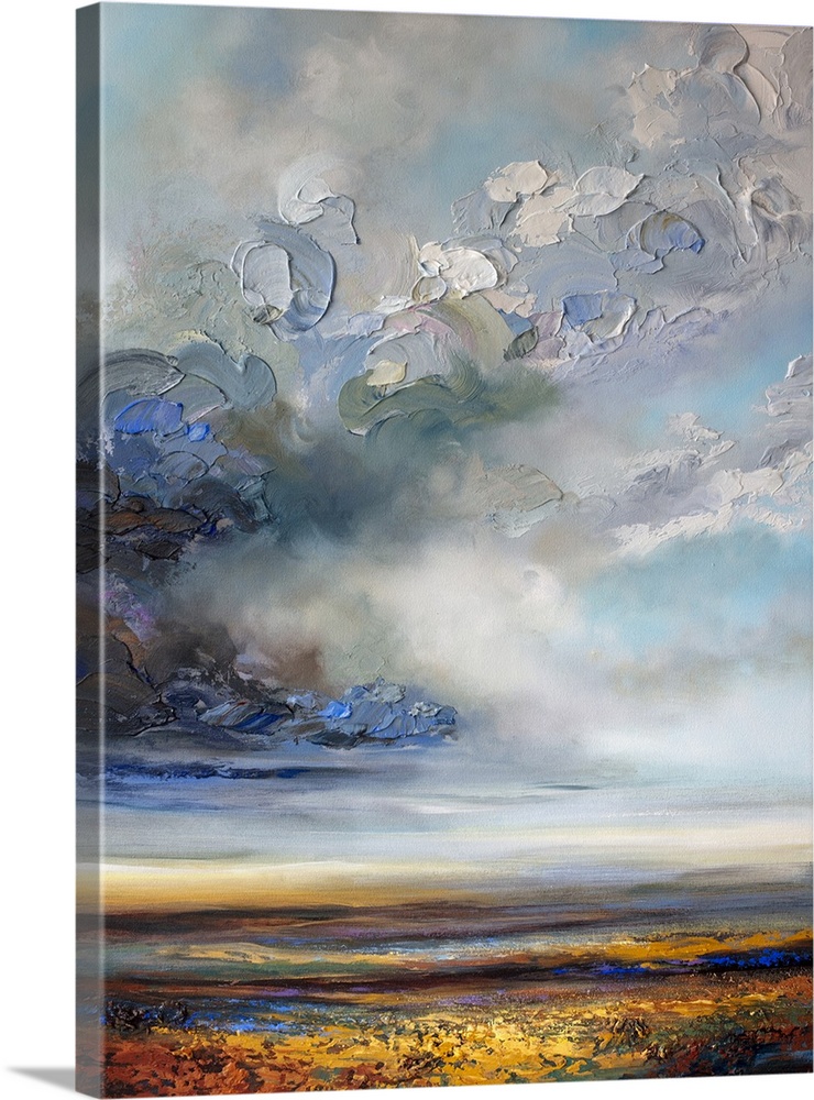 Original painting of moody abstract landscape with stormy cloudy sky and prairie field by Canadian Artist Melissa McKinnon