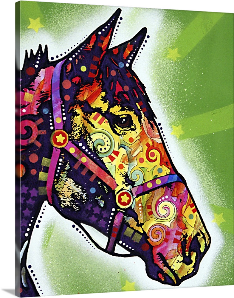 Large vertical artwork of the profile of a horses head, filled in with multicolored graffiti art and various shapes.  The ...