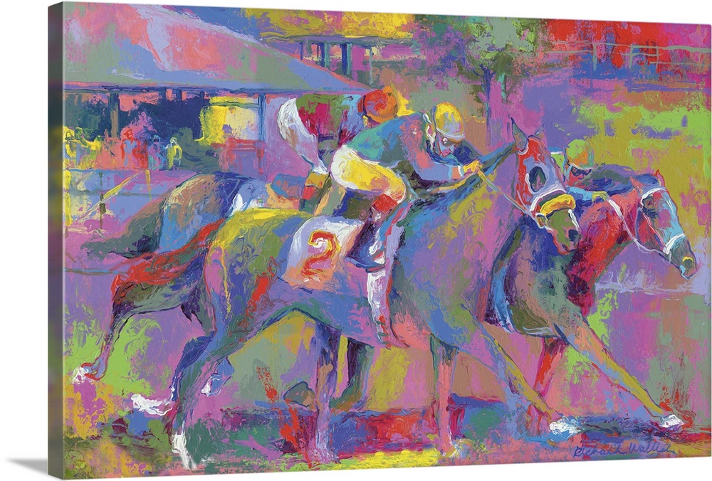 Colorful vibrant painting of jockey's riding horses in a race.