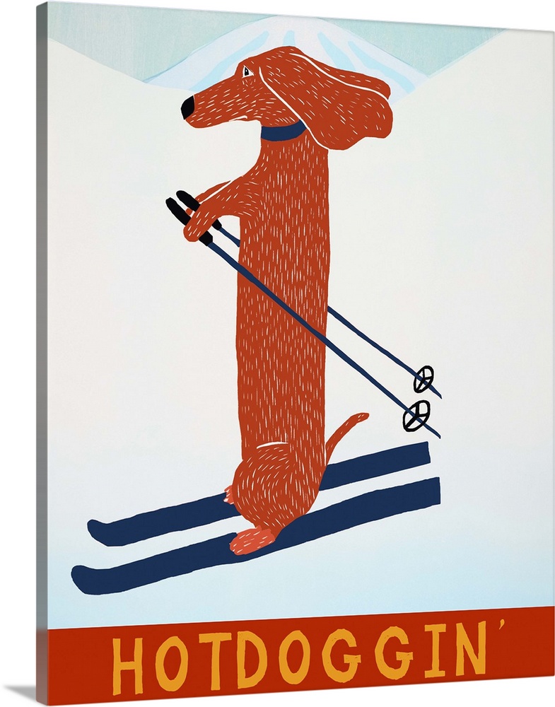 Illustration of a dachshund skiing down the slopes with the phrase "Hotdoggin'" written at the bottom.