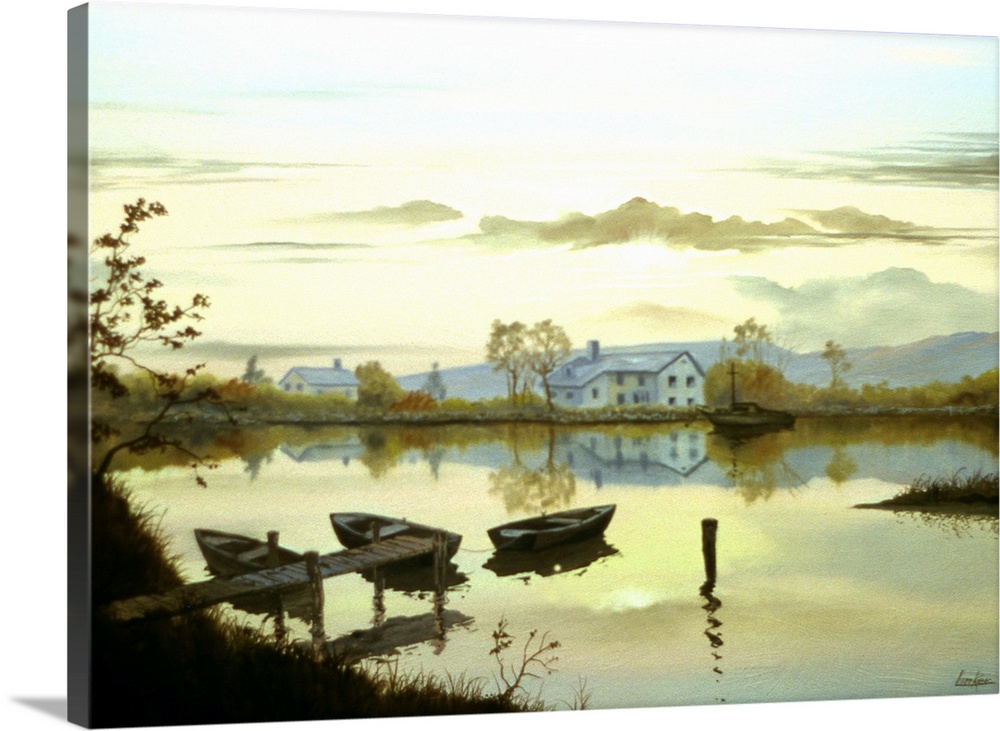 Contemporary painting of a still lake with three boats by the pier.