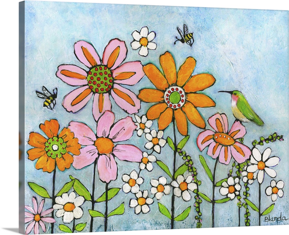 Lighthearted contemporary painting of garden flowers with a hummingbird and bees around.