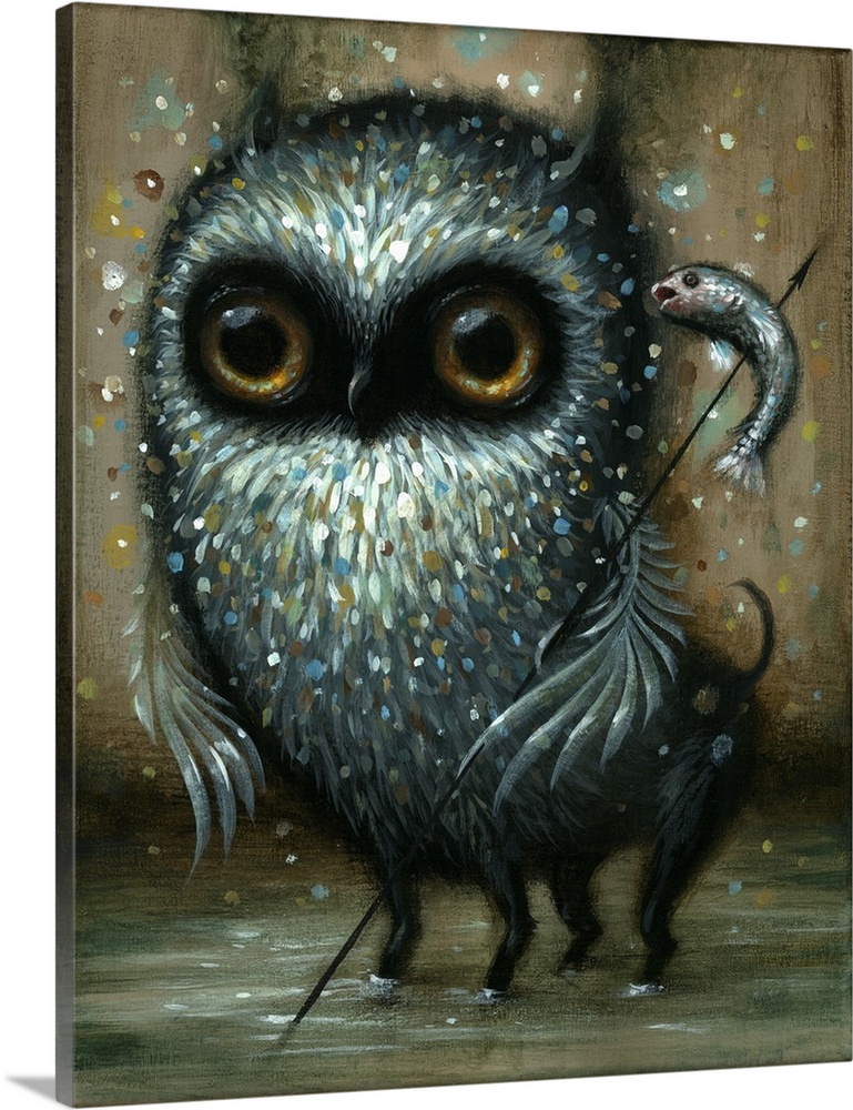 Surrealist painting of an owl with the lower half of it being a four legged animal, while holding a spear with a fish on t...