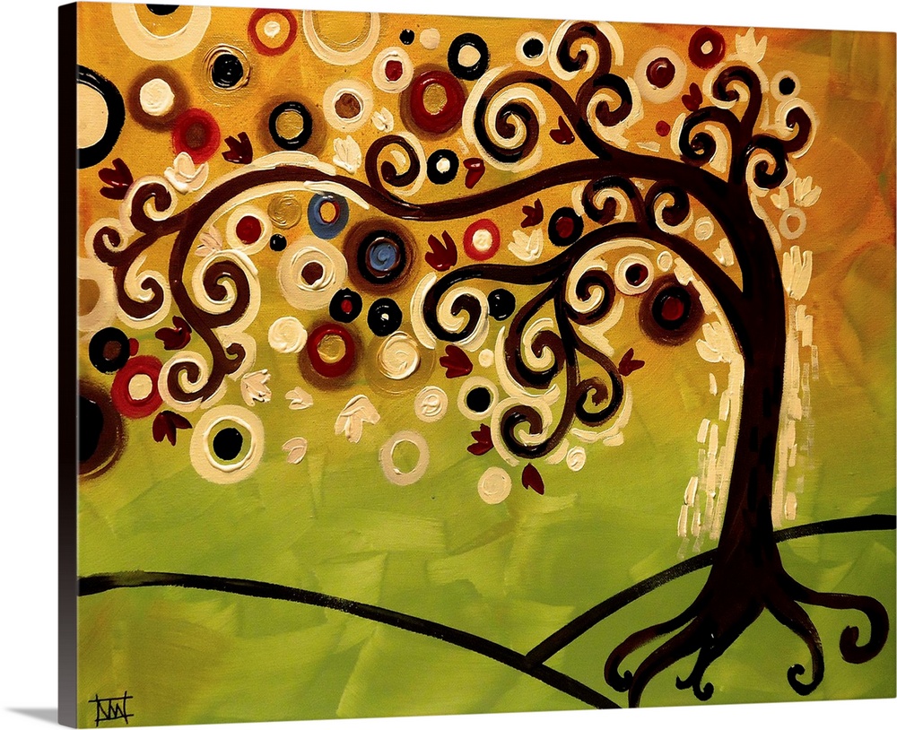 Contemporary painting of a tree with colorful orbs flowing from its branches and a green and yellow background.