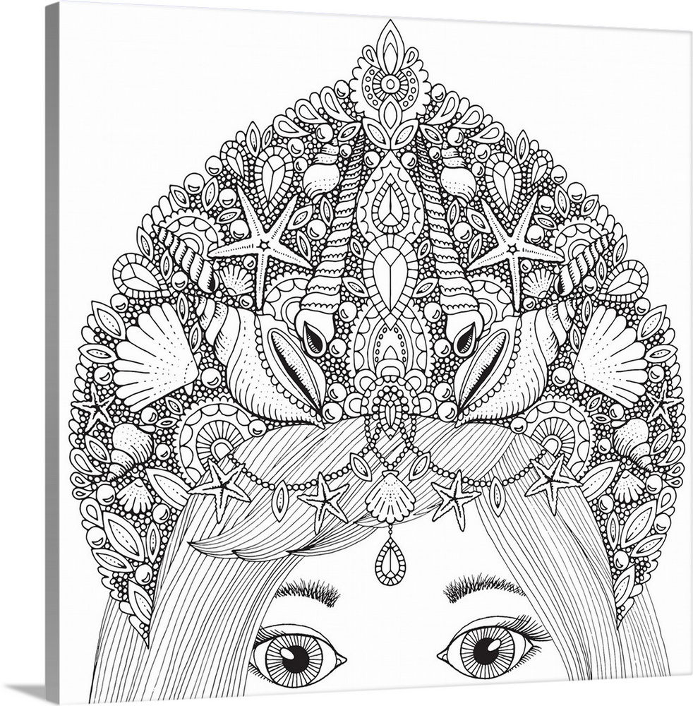 Contemporary line art of a mermaid from the eyes up wearing a crown made of seashells.