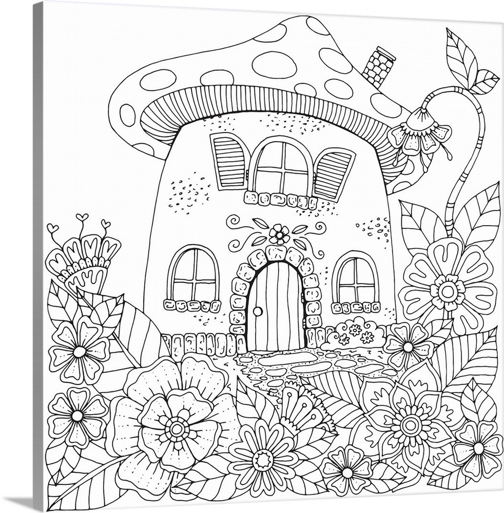 Contemporary line art of a cute mushroom house surrounded by wildflowers.