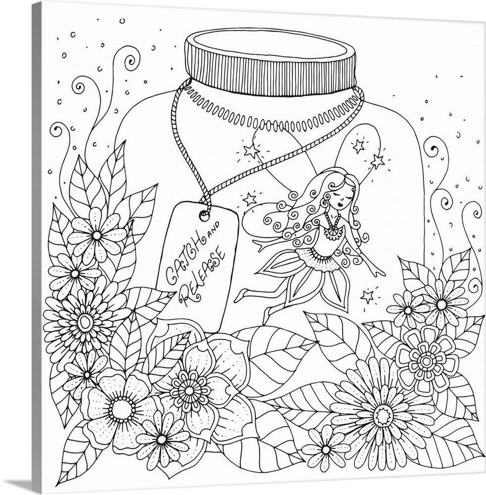 Contemporary line art of a fairy inside a glass jar surrounded by flowers with a note that reads "Catch and Release."