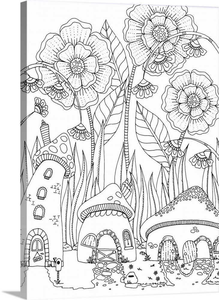Contemporary line art of a small village with mushroom houses with tall flowers and blades of grass in the background.
