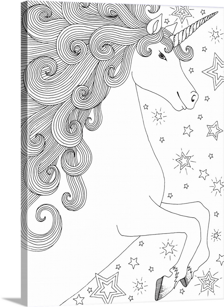 Black and white line art of a unicorn with a starry background.