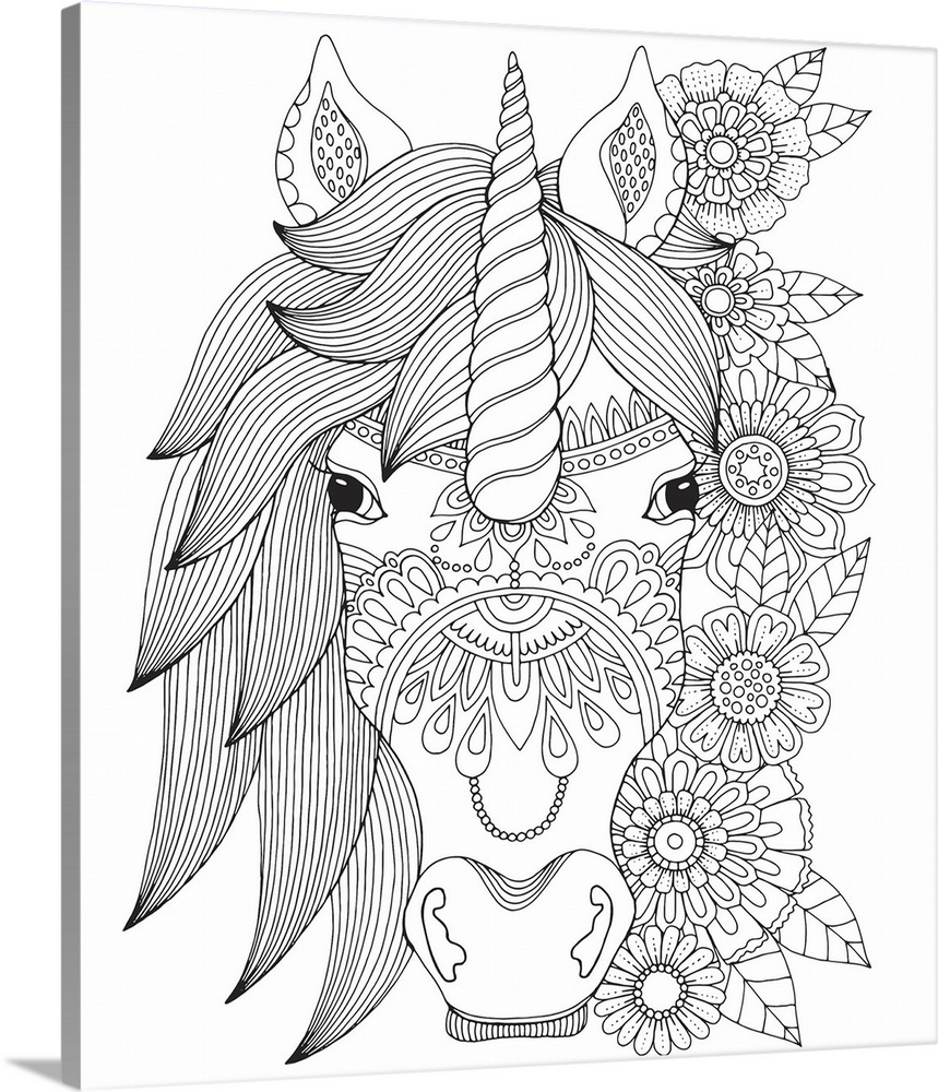 Black and white line art of a unicorn head with a line of flowers flowing down the right side.