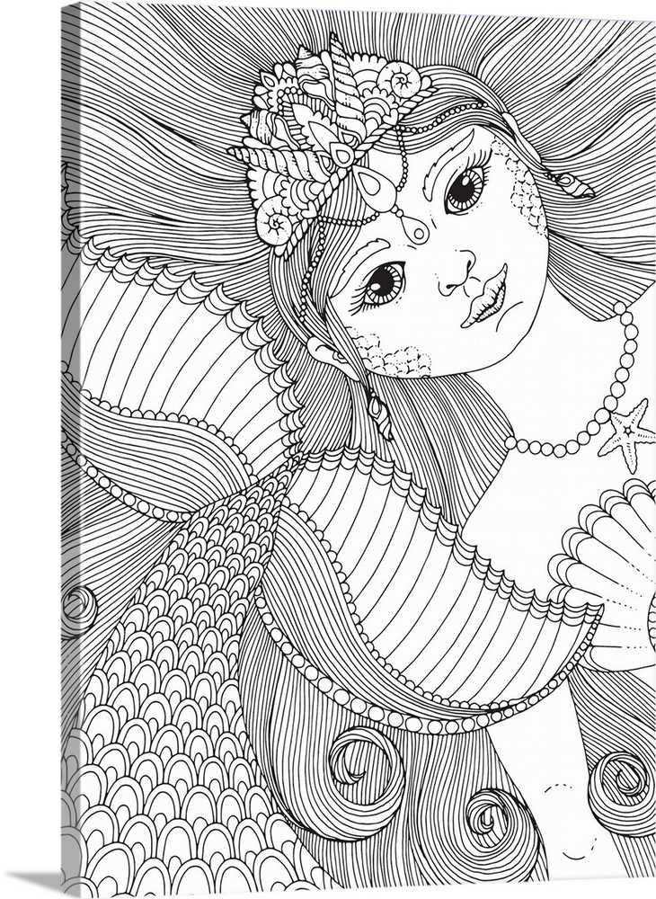 Contemporary line art of an intricately designed mermaid.