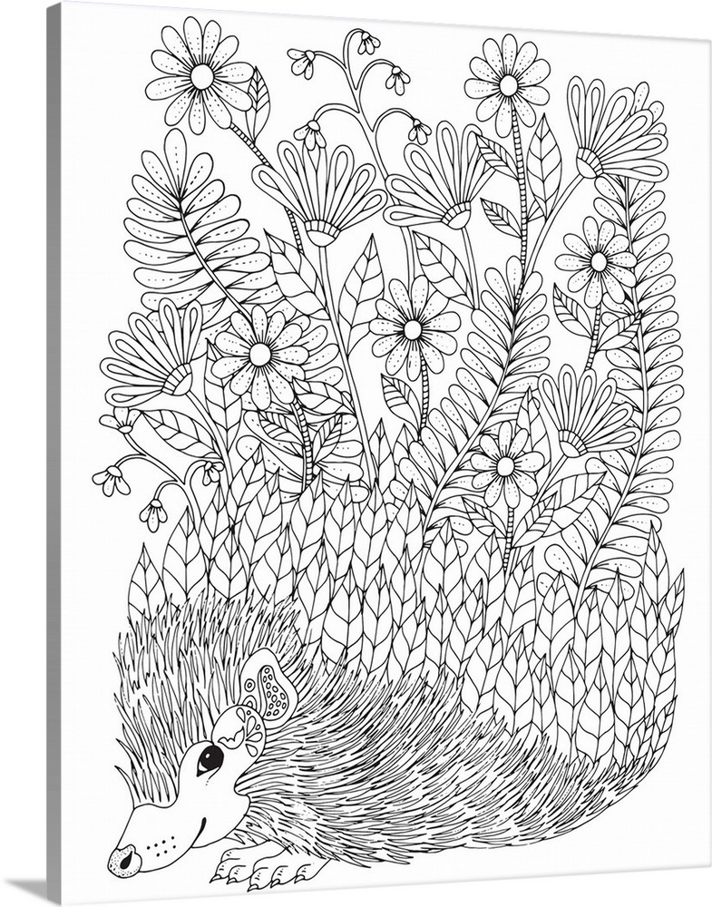 Black and white line art of a cute hedgehog with leaves and flowers growing out of it's quills.