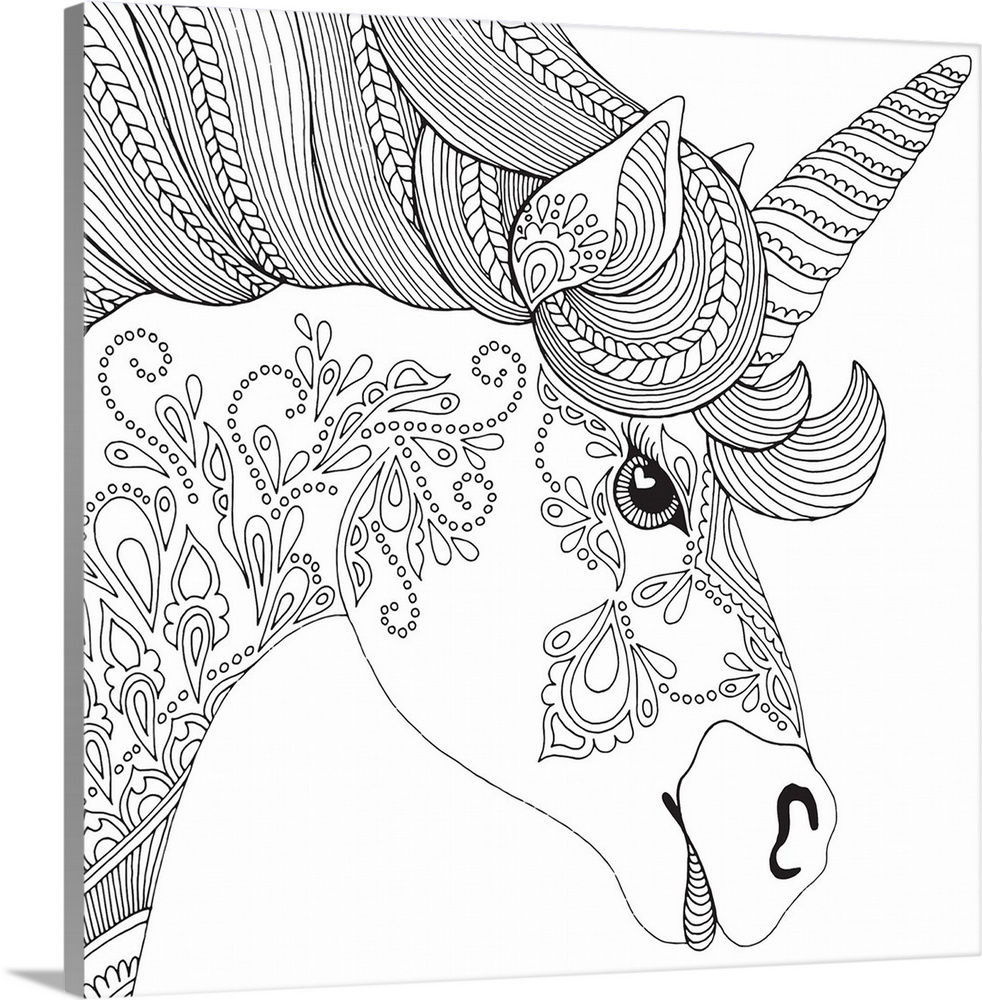Contemporary line art of the head of a unicorn with uniquely designed patterns on the face and neck.
