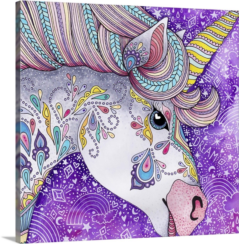 Square fantasy illustration of a uniquely designed unicorn on a purple background with white drawings.