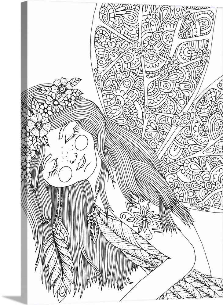 Black and white line art of a fairy with intricately designed wings and a flower crown.