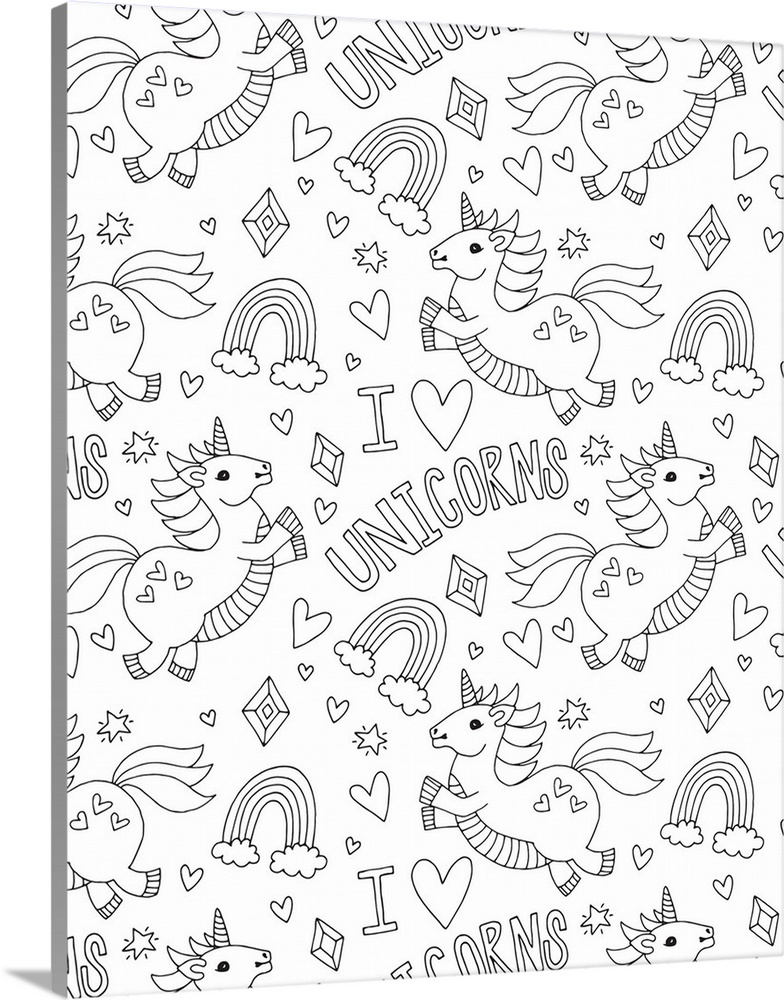 Black and white line art pattern with unicorns, hearts, rainbows, stars, and the phrase "I (heart) Unicorns"