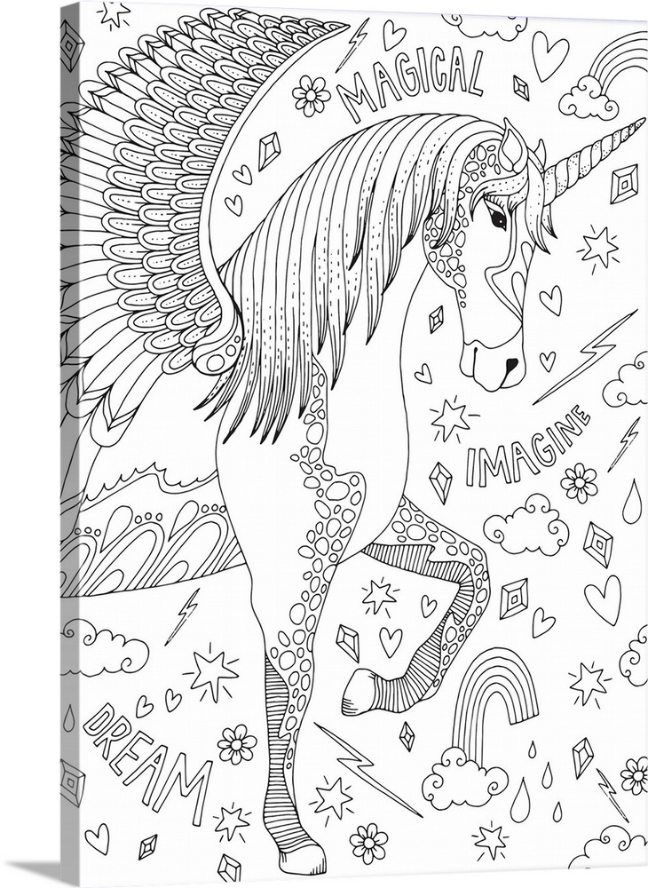 Black and white line art of a uniquely designed unicorn with a collage of rainbows, words, hearts, clouds, stars, bolts, a...