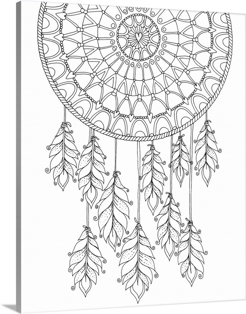 Black and white line art of a dream catcher with feathers hanging from it.