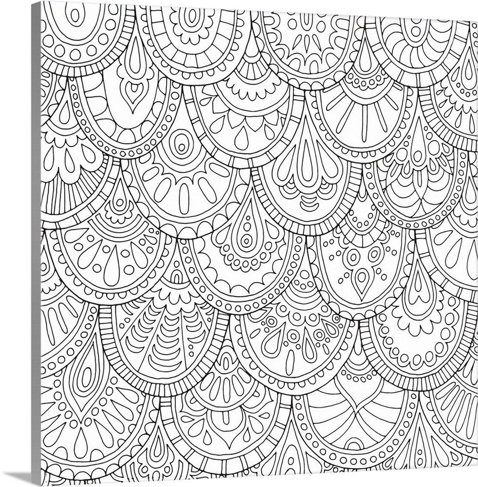 Square black and white line art of mermaid scales made up of unique intricate designs.