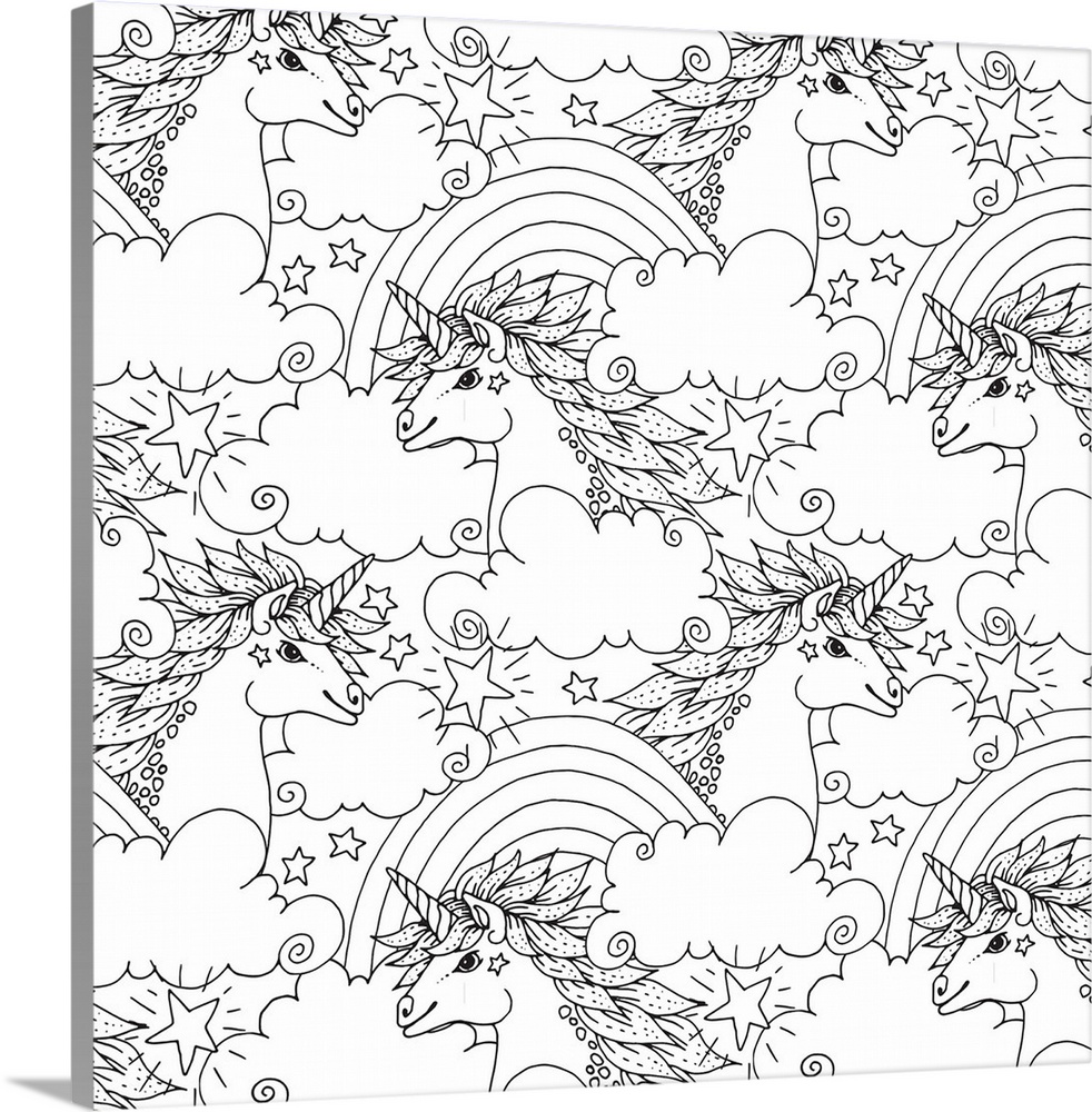 Contemporary line art of a pattern made up of unicorns, rainbows, clouds, and stars.
