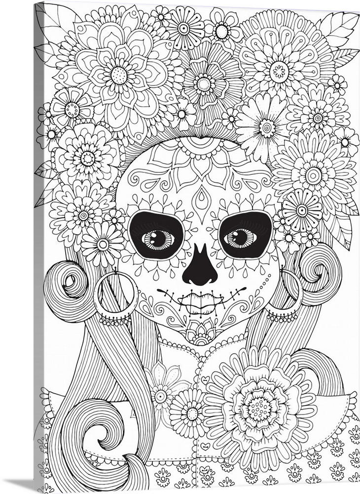 Black and white line art of a woman with skull face paint and flowers all in her hair.