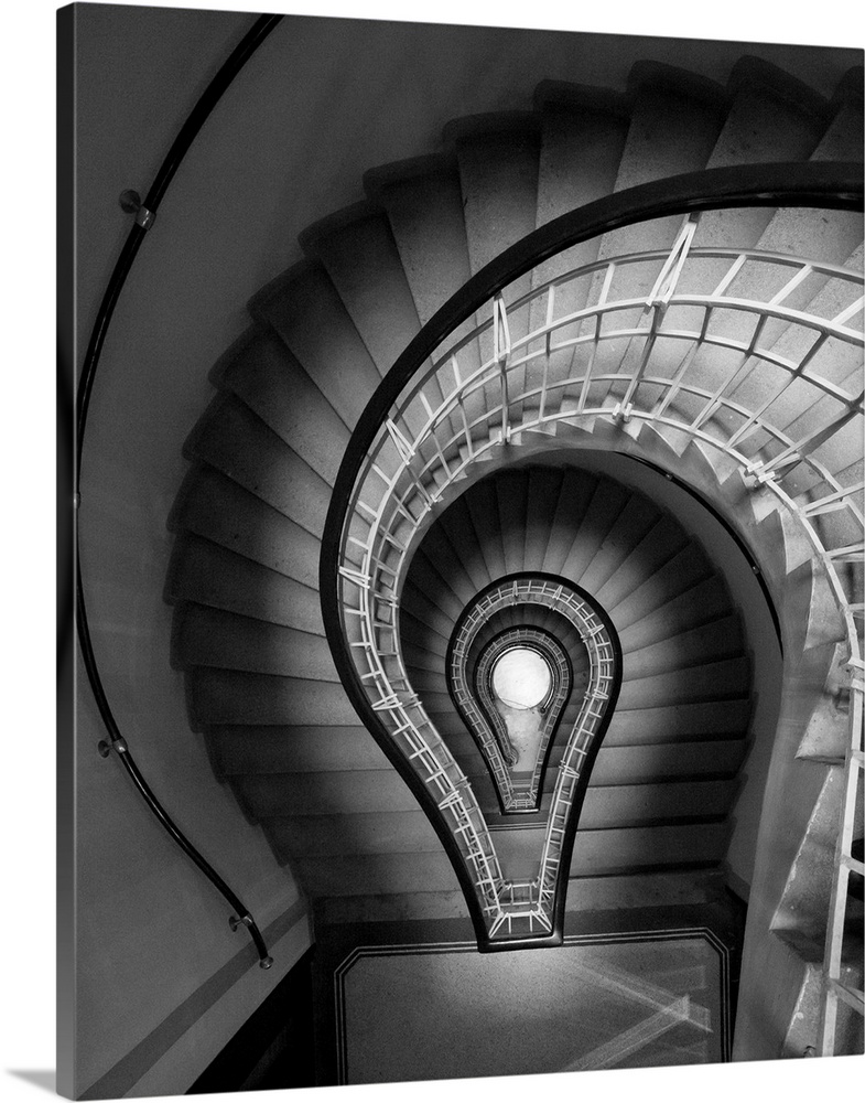 black and white photograph, stairs, spiral staircase, lightbulb
