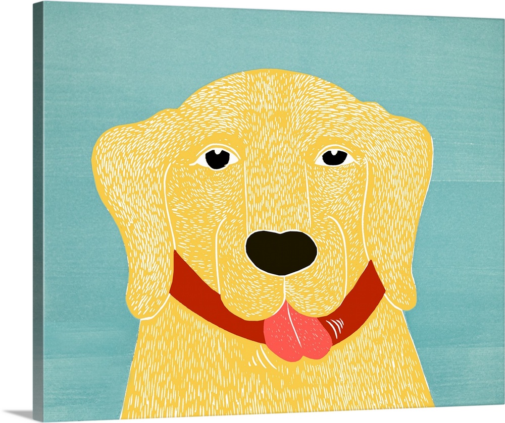 Illustrated portrait of a yellow lab on a blue background.