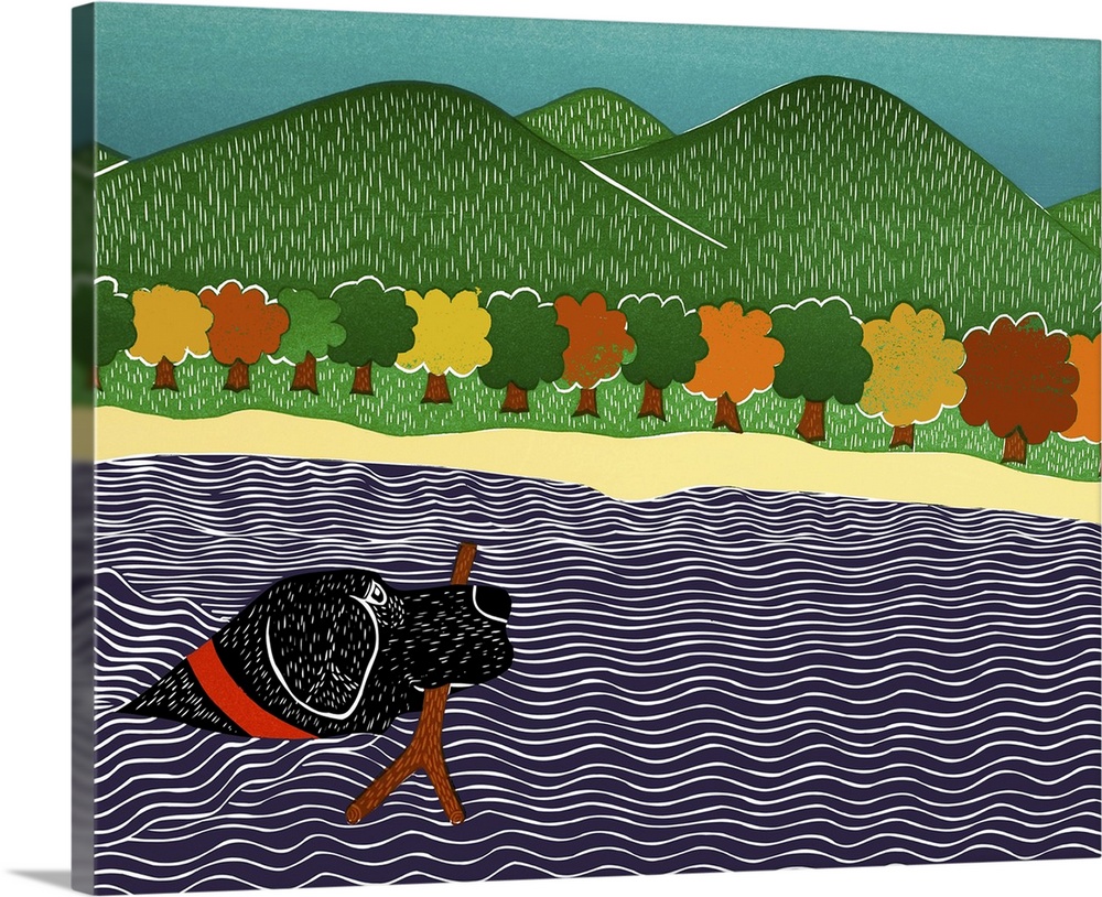 Illustration of a black lab swimming in water with a stick in its mouth and Fall trees and rolling green hills in the back...
