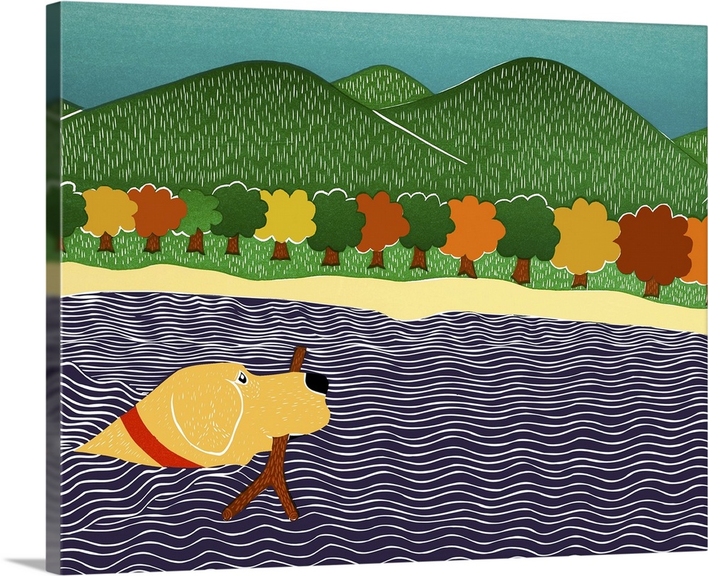 Illustration of a yellow lab swimming in water with a stick in its mouth and Fall trees and rolling green hills in the bac...