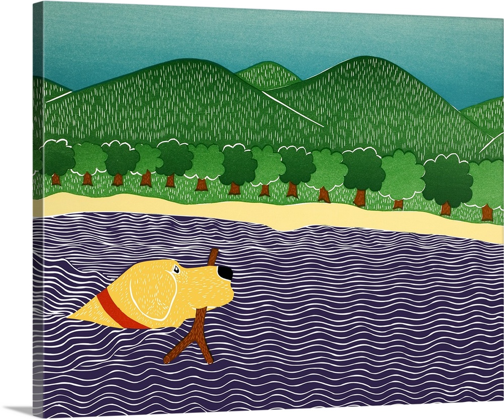 Illustration of a yellow lab swimming in water with a stick in its mouth and rolling green hills in the background.