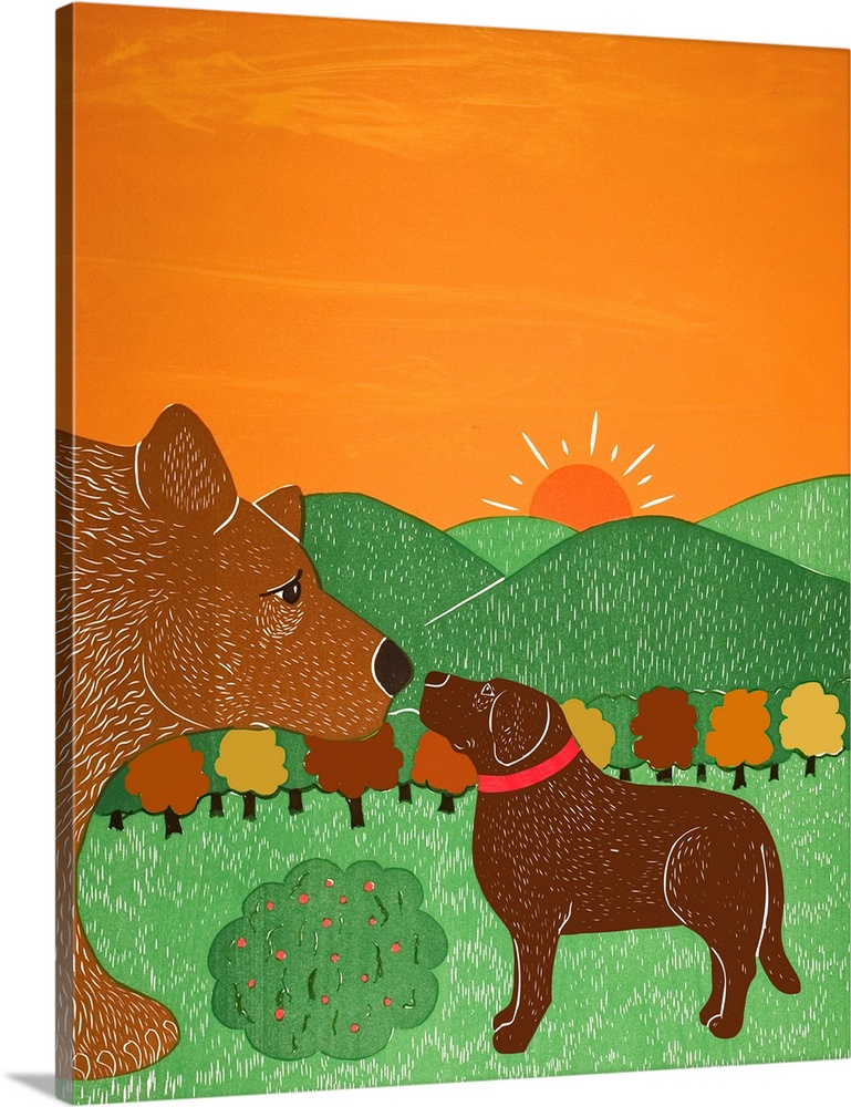 Illustration of a choclate lab and a brown bear smelling/greeting each other on a sunny Fall day.