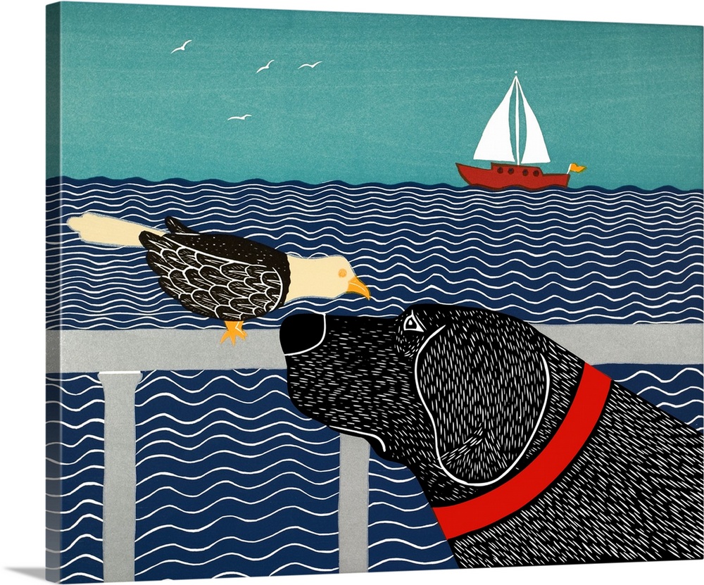 Illustration of a black lab and a seabird starring at each other by the ocean with a sailboat in the background.