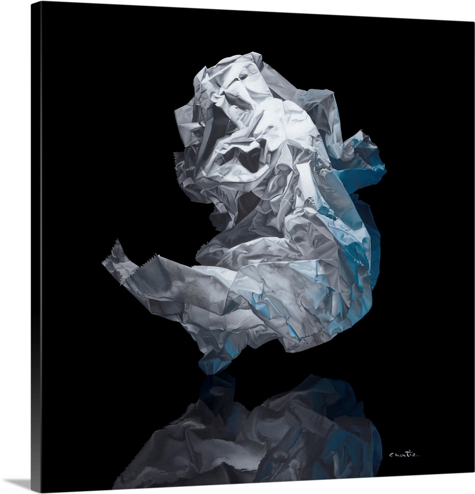 Contemporary vivid realistic still-life painting of a crumpled up piece of tissue paper, on top of a reflective surface.