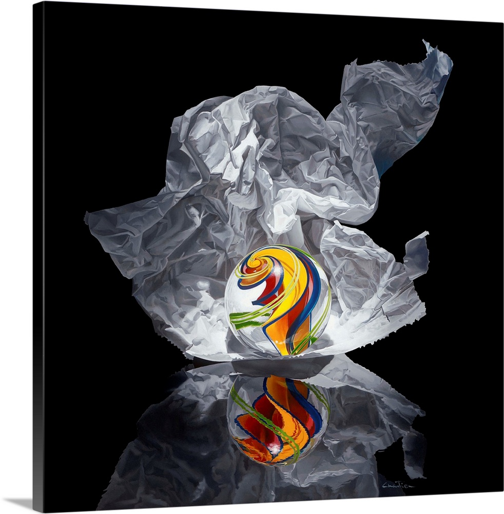 Contemporary vivid realistic still-life painting of a marble with a swirl of color inside it with a crumpled piece of shee...