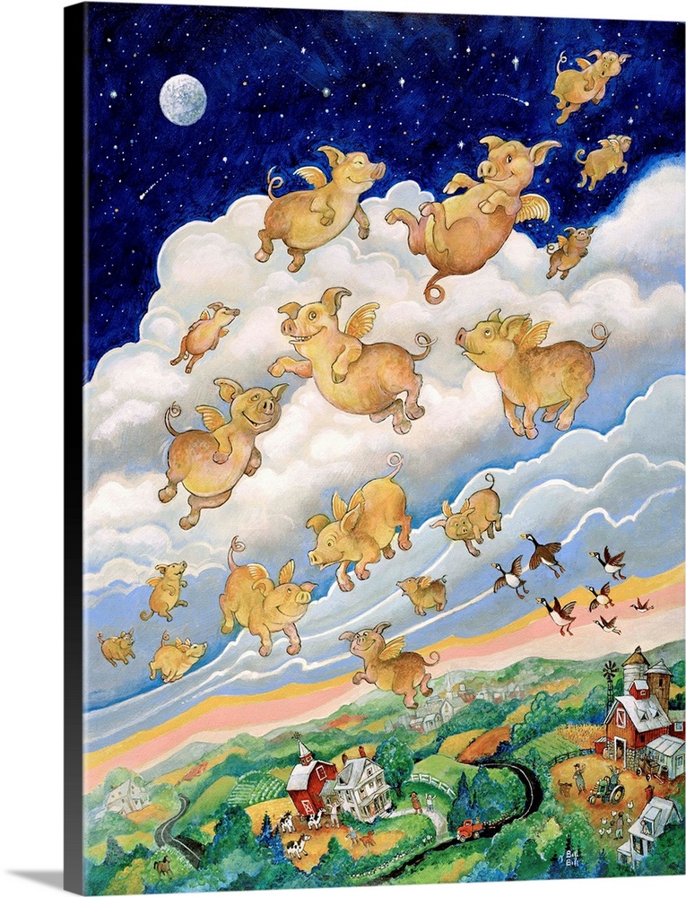 Pigs flying over farm.