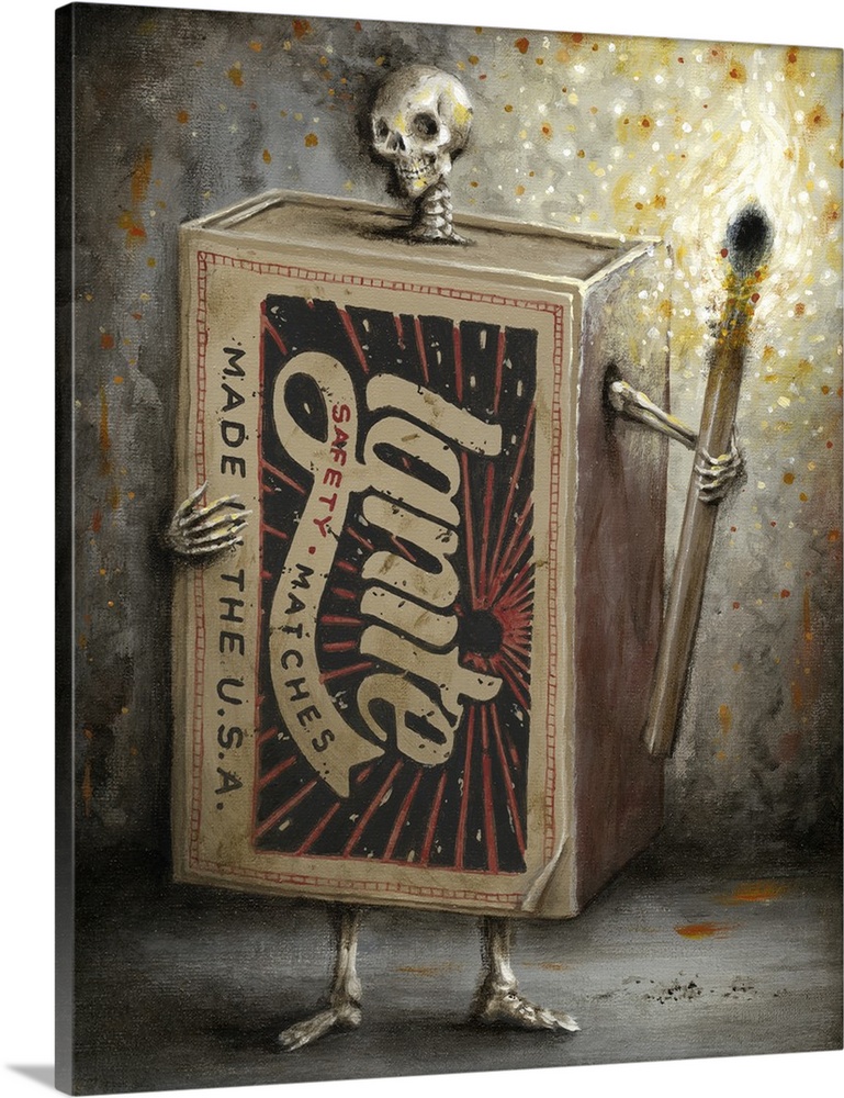 Surrealist painting of a human skeleton wearing a matchbox and holding a lit match.