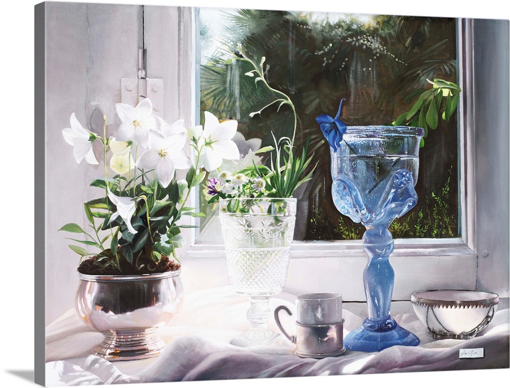 Contemporary still life painting of a blue glass goblet sitting near a window.