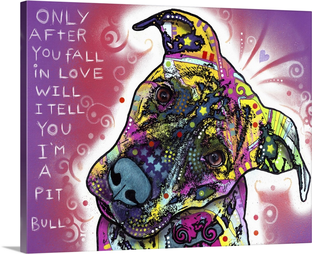Pop art inspired digital drawing of a  pit bull dog face covered in colorful shapes with text.