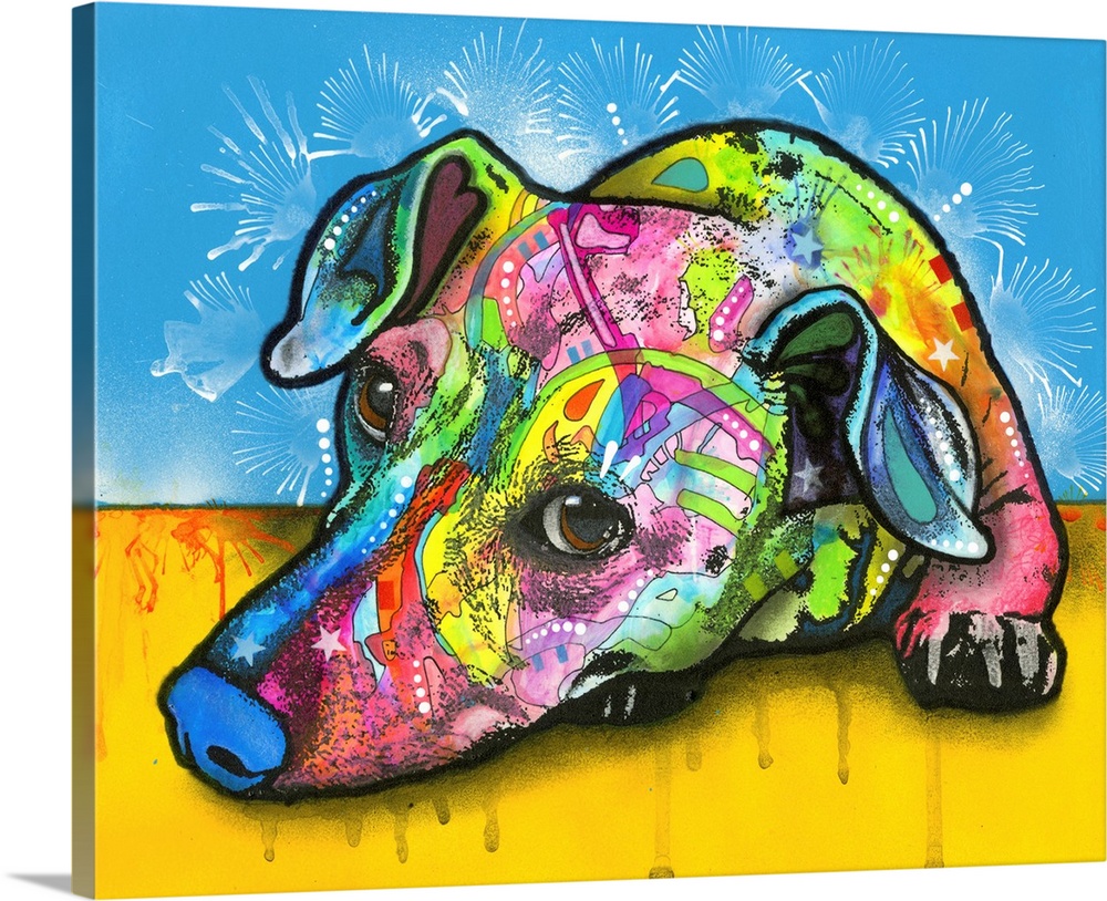 Contemporary painting of a colorfully designed scent hound lying on a yellow floor with a blue background and white spray ...