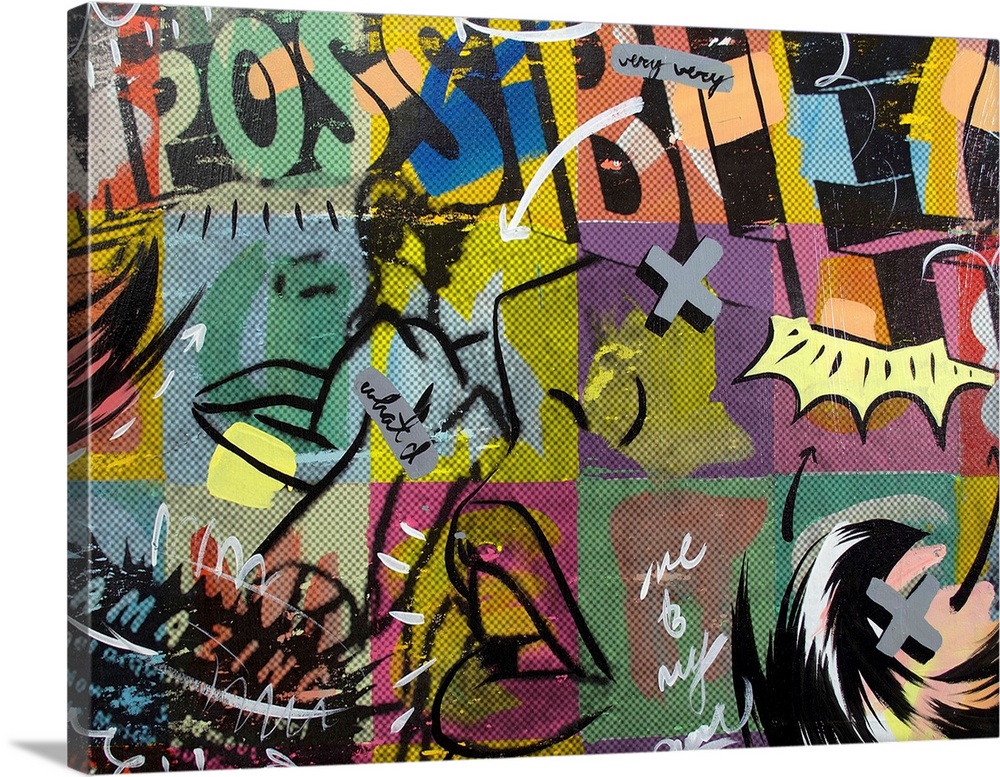 Pop art composed of comic illustrations and bold text, reminiscent of Lichtenstein, of a close up of two women's lips.