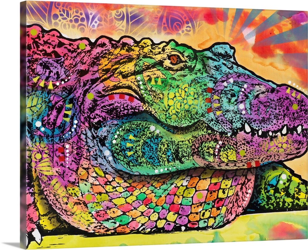Colorful illustration of a Crocodile with different colors and abstract designs all over.