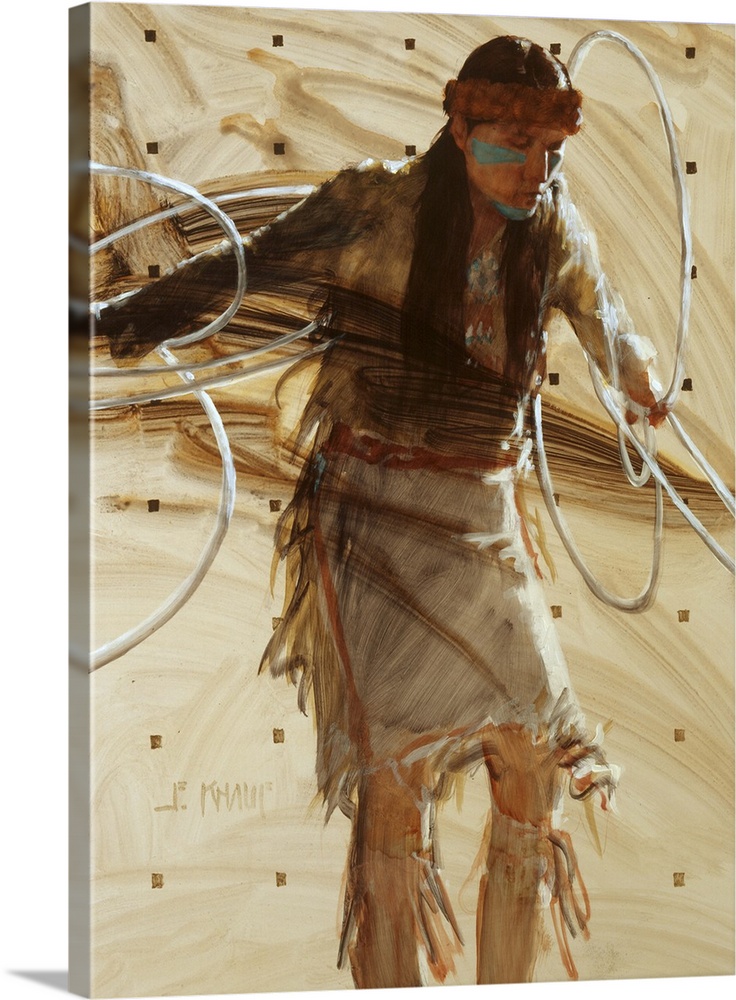 Western themed contemporary painting of a traditionally dressed Native American performing ceremonial dance.