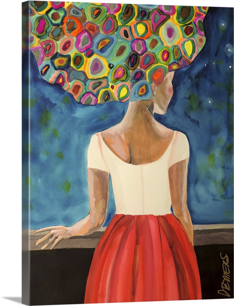 Contemporary painting of a woman with a a giant hairstyle in vibrant colorful shapes.