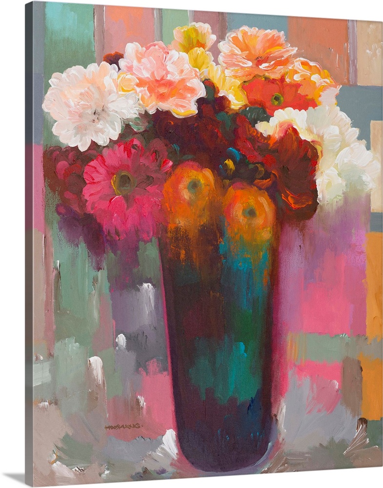 Colorful contemporary painting of a variety of flowers in a vase with a multicolored background.