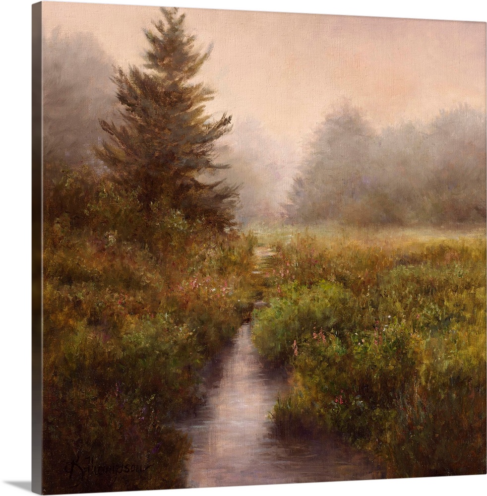 Contemporary painting of an idyllic countryside shrouded in a light haze.